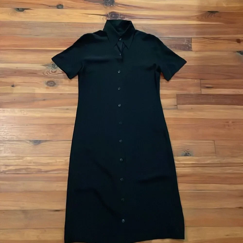 Chanel Black Silk Shirt Dress Womens Size 36 US 4 Short Sleeve Collar Minimalist